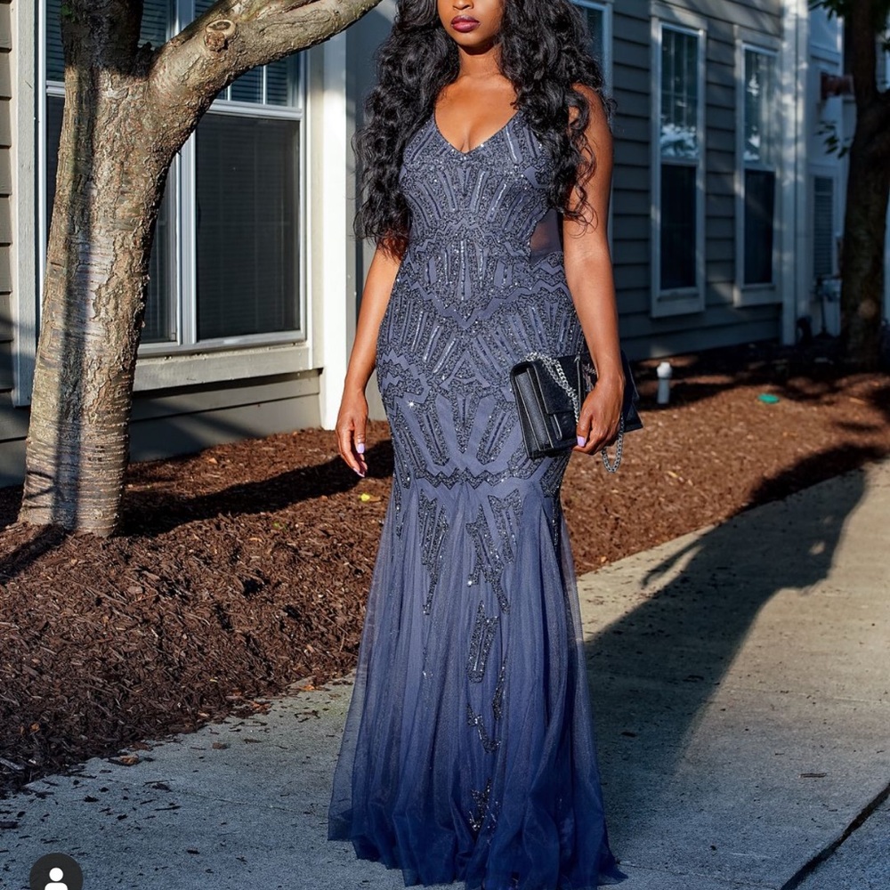 Adrianna Papell Beaded Dress Gunmetal Mesh